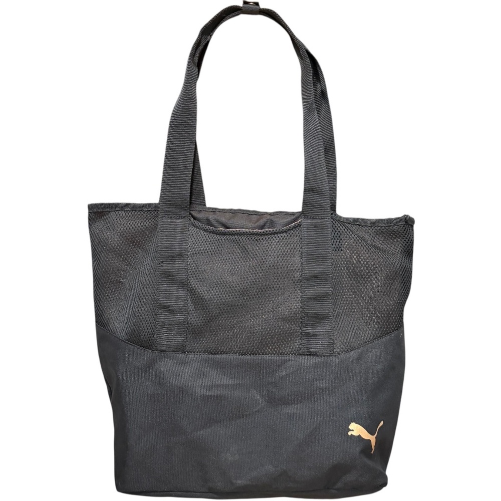 bag tote PUMA vintage black nylon gold logo mesh athleisure vegan gorpcore